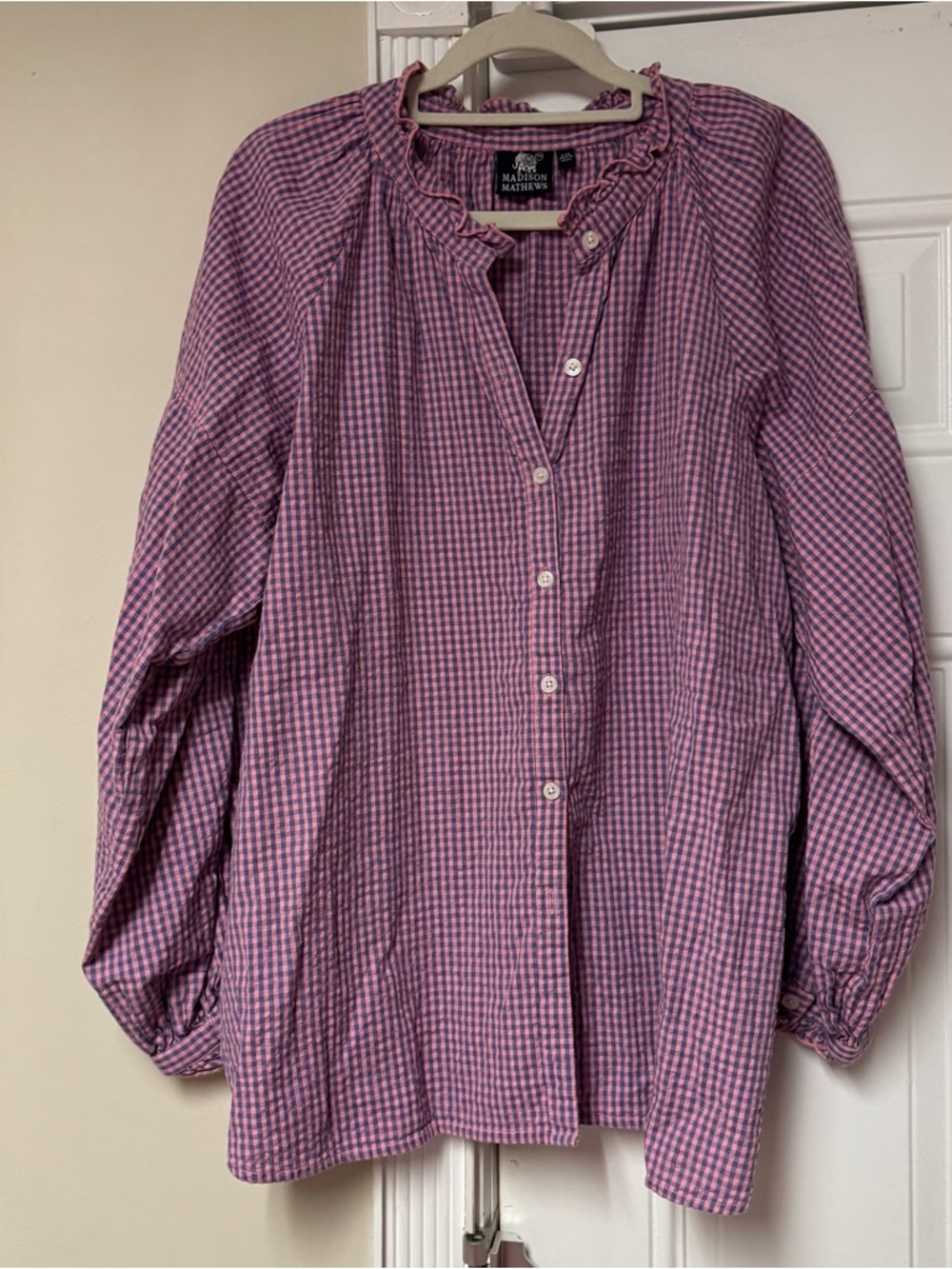 Madewell Pink Gingham Ruffle-Neck Button Front Blouse
